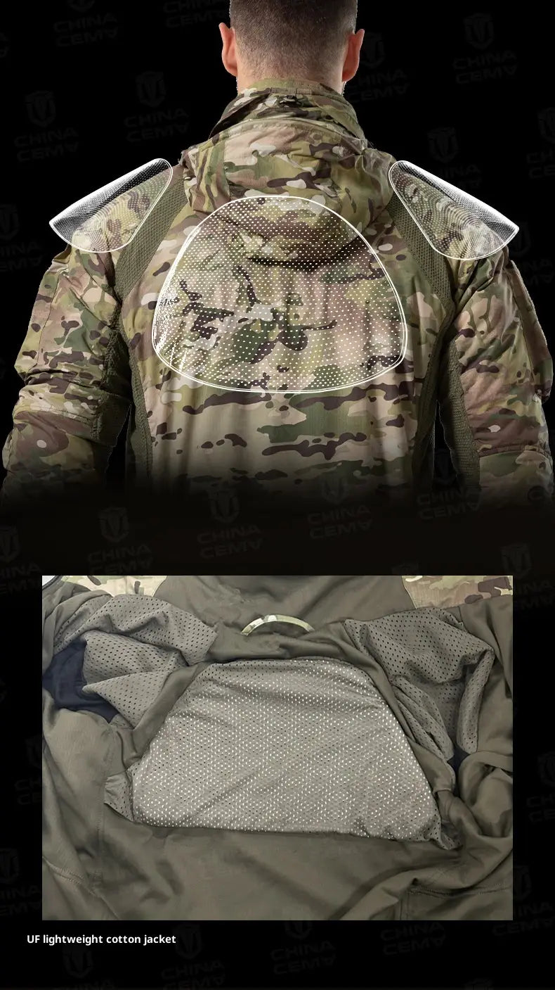 Veste tactique légère en coton softshell en motif camouflage, avec panneaux arrière et d’épaule en maille renforcés, présentée de dos.