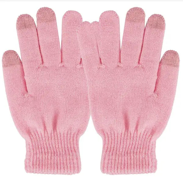 rosa gestrickte Touchscreen-Winterhandschuhe mit gerippten Bündchen und strukturierten Fingerspitzen, ausgelegt, um warm und winddicht zu sein