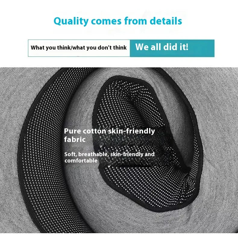 gray woven memory foam travel neck pillow with adjustable support featuring a black mesh interior lining