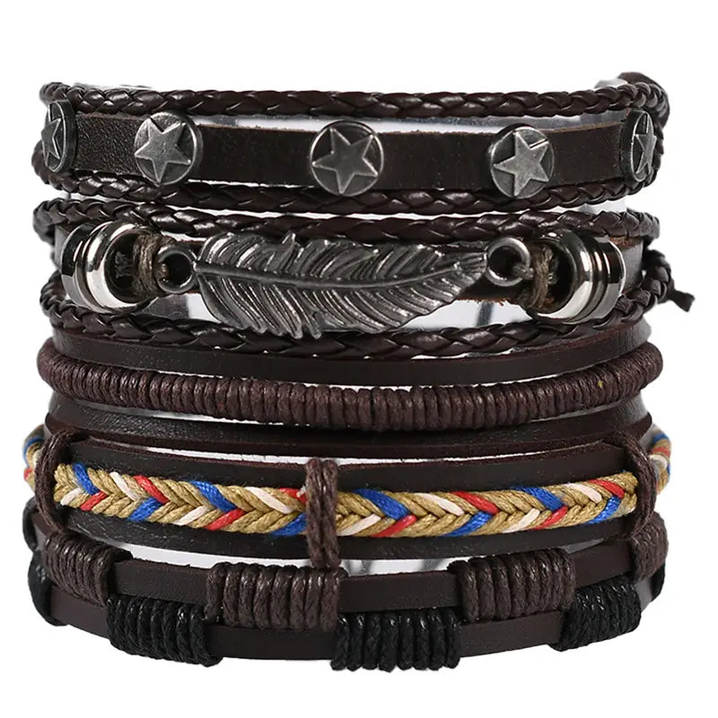 Men’s multilayer leather bracelet featuring dark brown leather and braided cords with metallic star studs feather charm and colorful woven accents.