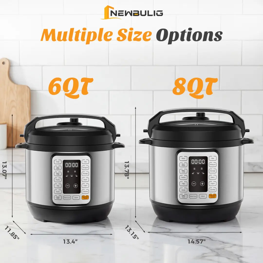 Electric pressure cooker digital multi cooker 6qt and 8qt stainless steel and black with digital control panels.