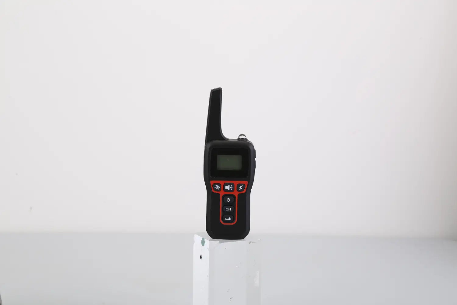 black and red handheld walkie-talkie with small screen multiple function buttons and antenna for dog training collar 3280ft waterproof shock system