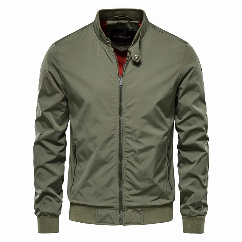 Men’s olive green bomber jacket with red inner lining and silver zipper designed as casual zip outerwear.