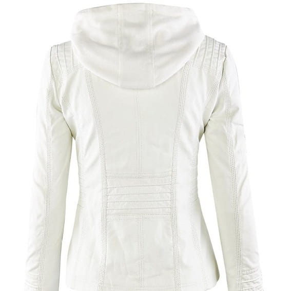 White faux leather moto jacket with detachable hood and subtle vertical stitching details shown from the back side.