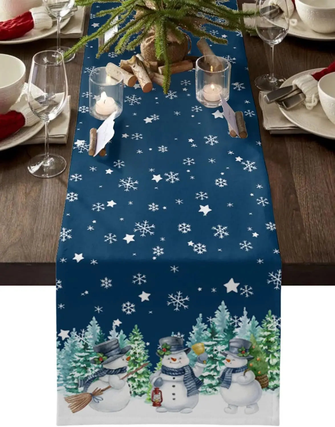 Christmas table runner festive holiday decor 183x33 in blue features white snowflakes stars and three illustrated snowmen at the bottom perfect for seasonal table settings.