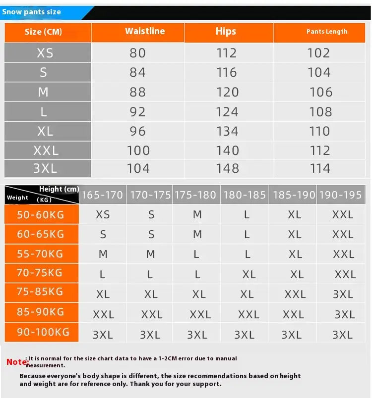 Size chart for men waterproof thermal snow pants showing measurements in centimeters and kilograms for sizes xs to 3xl.