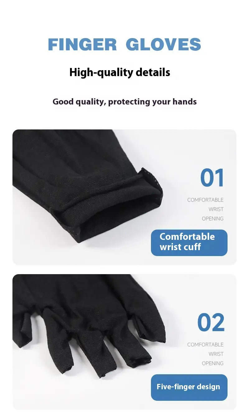Schwarze Fingerhandschuhe mit atmungsaktiven weißen Baumwoll-Handschuhen ohne Finger (Fingerless)-Design, mit komfortablem Handgelenkbündchen und Fünf-Finger-Stil, von der Rückseite gezeigt.