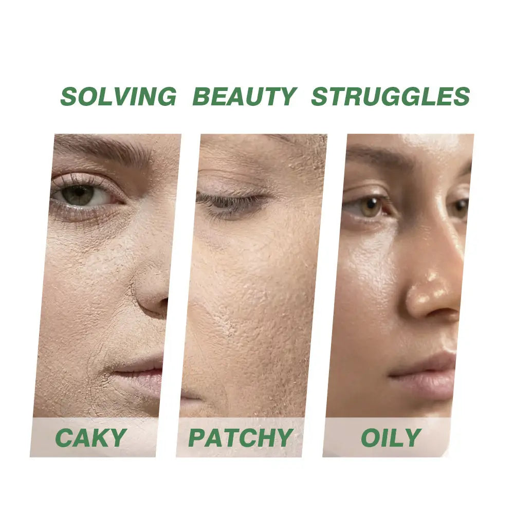 L’image présente trois panneaux verticaux de textures de peau en gros plan, étiquetés « caky », « patchy » et « oily », sous l’intitulé « résoudre les difficultés beauté » pour la boîte de pose réglante Lakerain à effet de flou doux pour poudre libre.