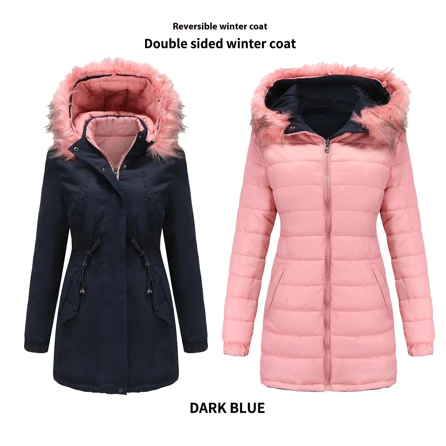 Reversible fur collar quilted parka with dark blue exterior and pink interior lining featuring a fur-trimmed hood for versatile winter wear.