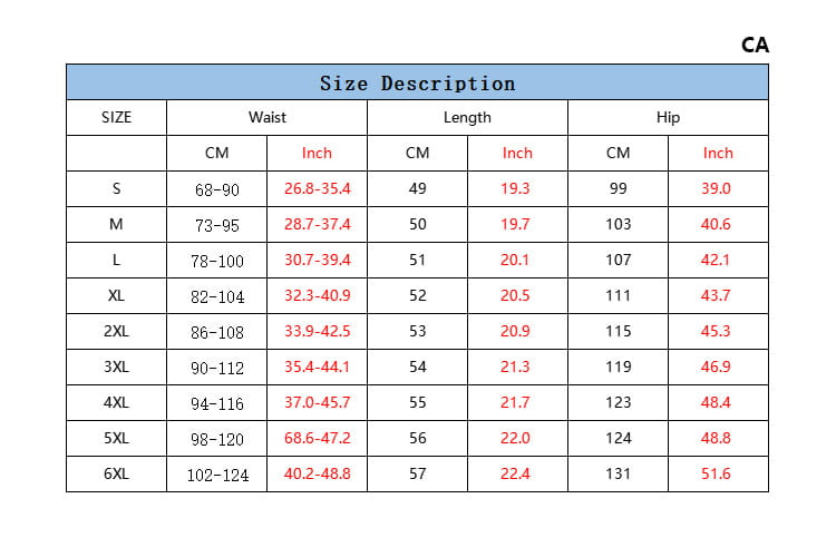 Size chart for men’s striped tropical print swim trunks showing measurements in centimeters and inches from sizes S to 6XL.