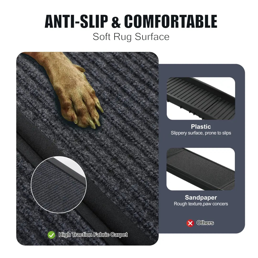 Alfombrilla negra antideslizante para perro con superficie de tejido suave de alta tracción, diseñada para mayor comodidad y agarre en los pasos portátiles plegables de la rampa de coche para perro de 250 lb.