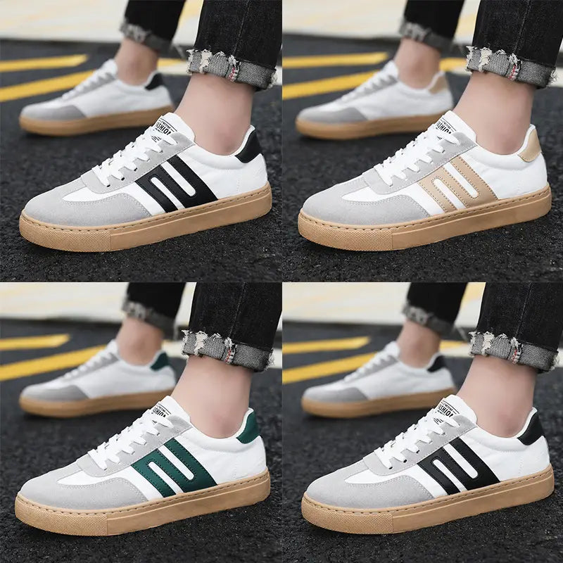 Chaussures de planche de mode décontractées en daim pour homme à tige basse, avec toile gris et blanc, des bandes noires, beige ou vertes et des semelles en caoutchouc tan.