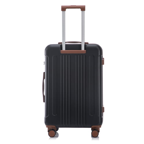 Black hard-shell 3 piece abs spinner luggage set with tsa lock featuring brown leather accents on handle wheels and side pulls.
