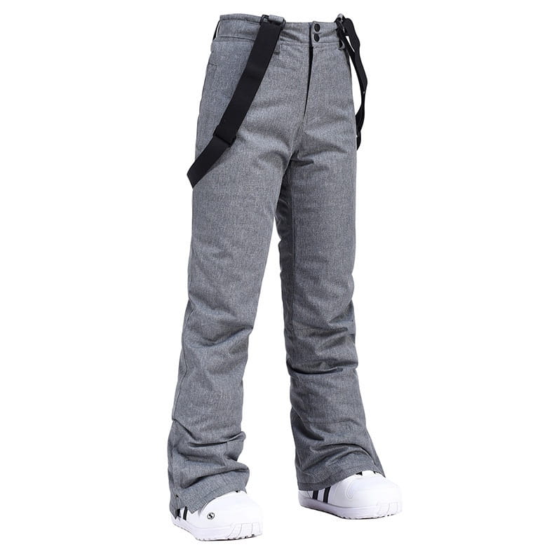 Men waterproof thermal snow pants in gray with black adjustable suspenders and a subtle textured pattern designed for cold weather protection.