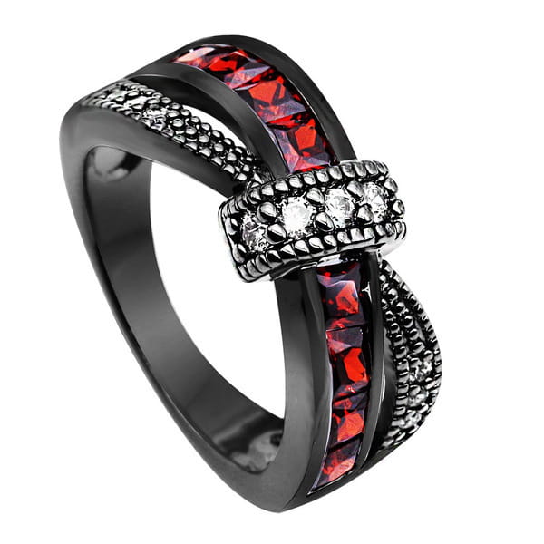 Black gold red zircon intertwined dragon ring featuring a black metal band with a bold twisted design embedded with red gemstones and clear sparkling crystals.