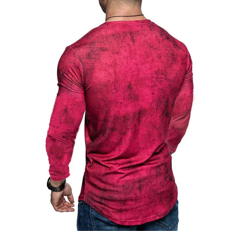 A vibrant red men’s long-sleeved t-shirt with a textured distressed pattern.