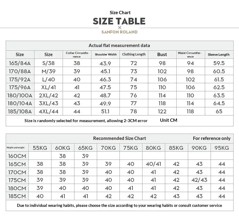 Sanfon roland size chart for women’s clothing showing measurements in centimeters across sizes and weight categories alongside a men linen mandarin collar slim shirt product details.