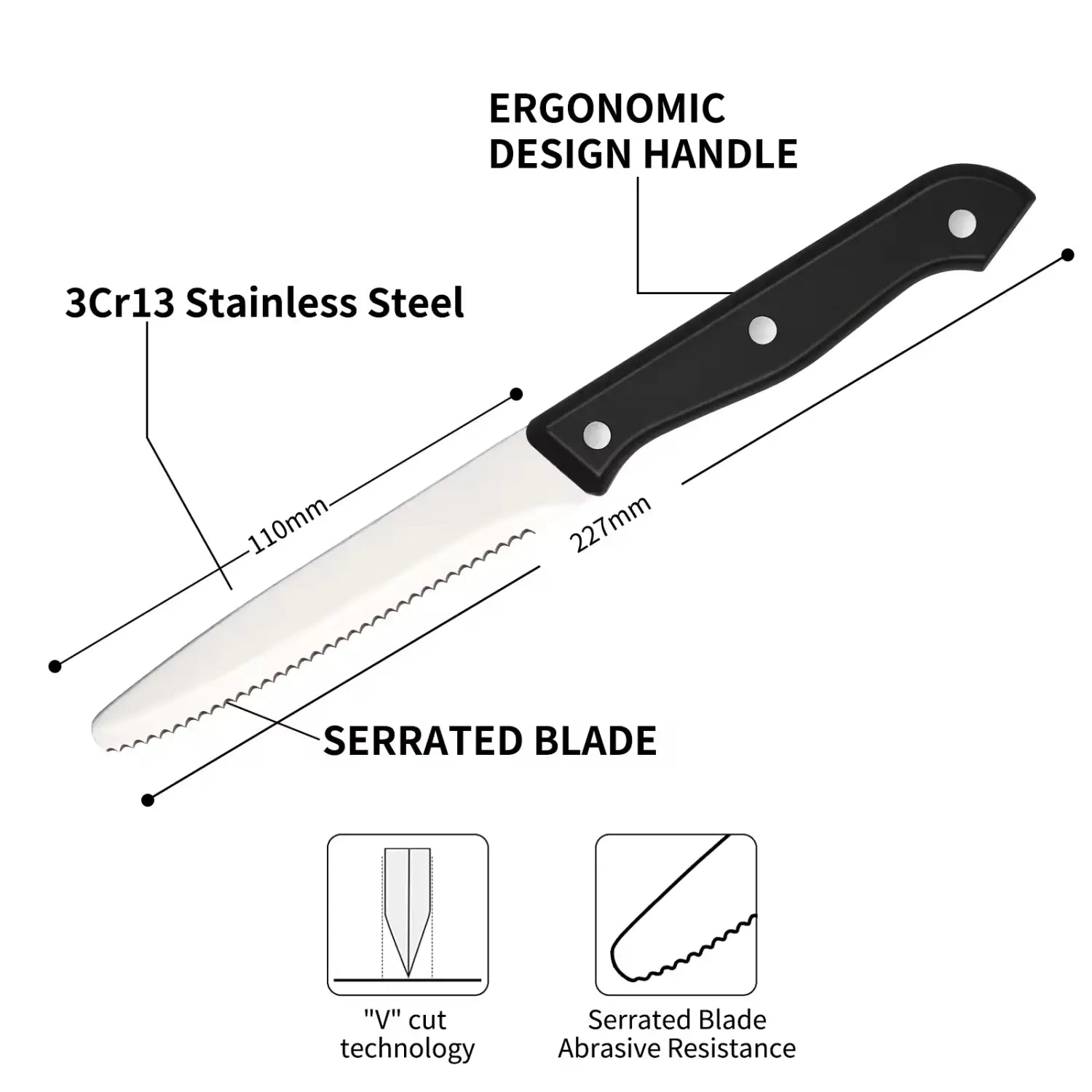 Cuchillo para pan con mango negro y dentado, con hoja de acero inoxidable 3CR13, de un set de 12 piezas de cuchillos de cocina de acero al carbono con mangos de ABS.