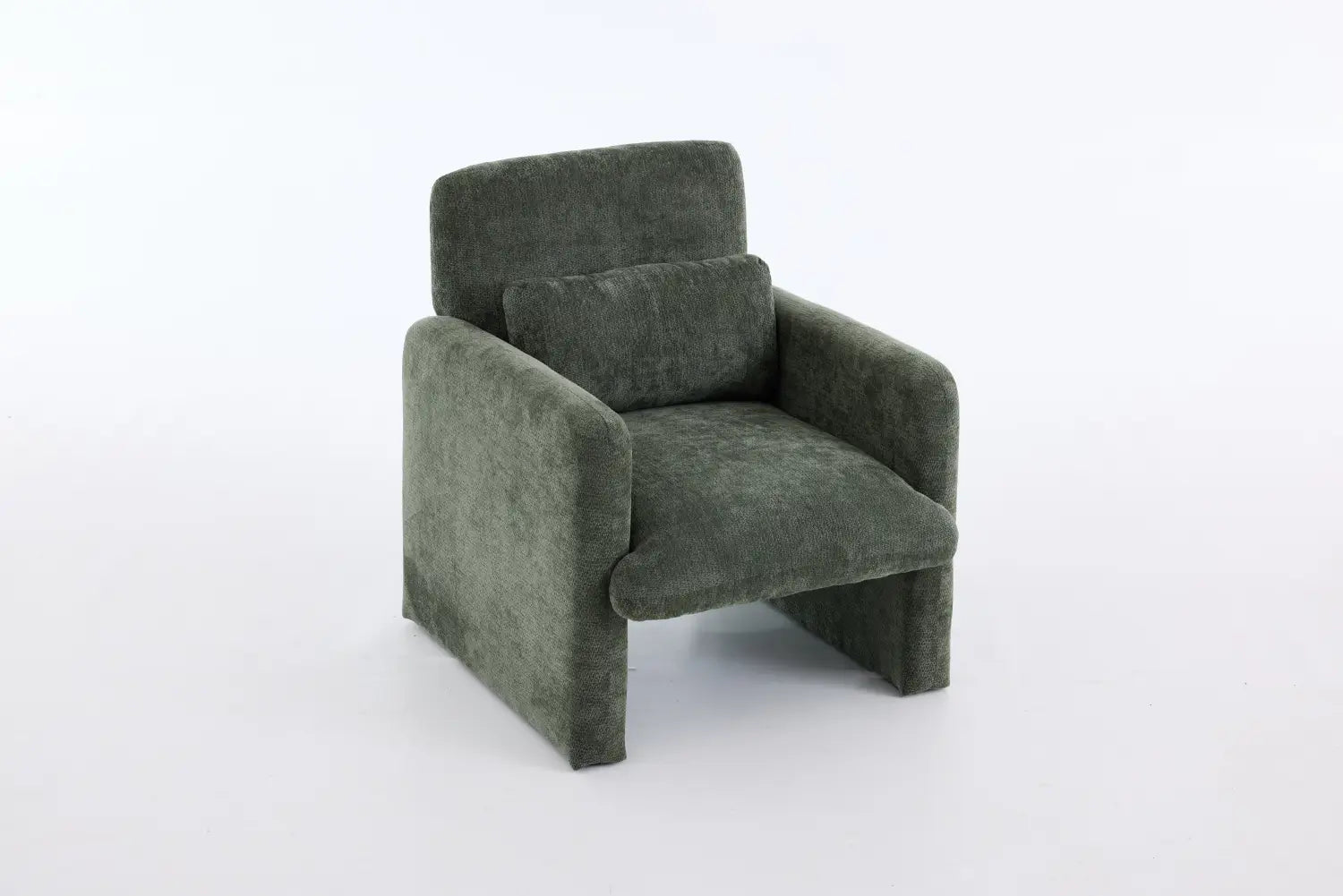 Dark green boucle fabric accent chair featuring a plush textured upholstery and modern clean lines designed as a stylish upholstered armchair.