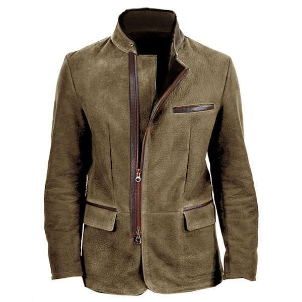 Men suede casual jacket with stand collar in olive green suede featuring brown leather zipper and trim.