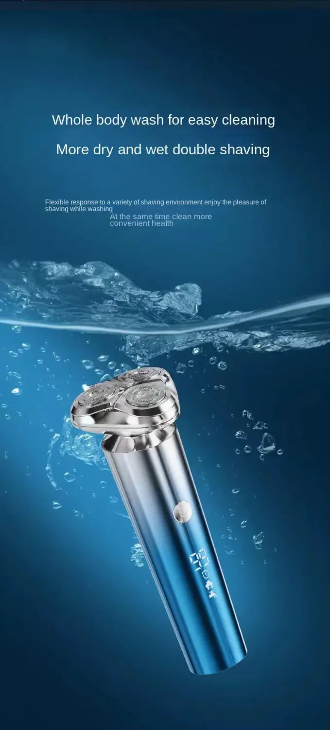 Rasoir électrique pour homme à triple tête, rasoir portable en argent et bleu, avec un design moderne élégant et des têtes de rasage électriques ergonomiques.