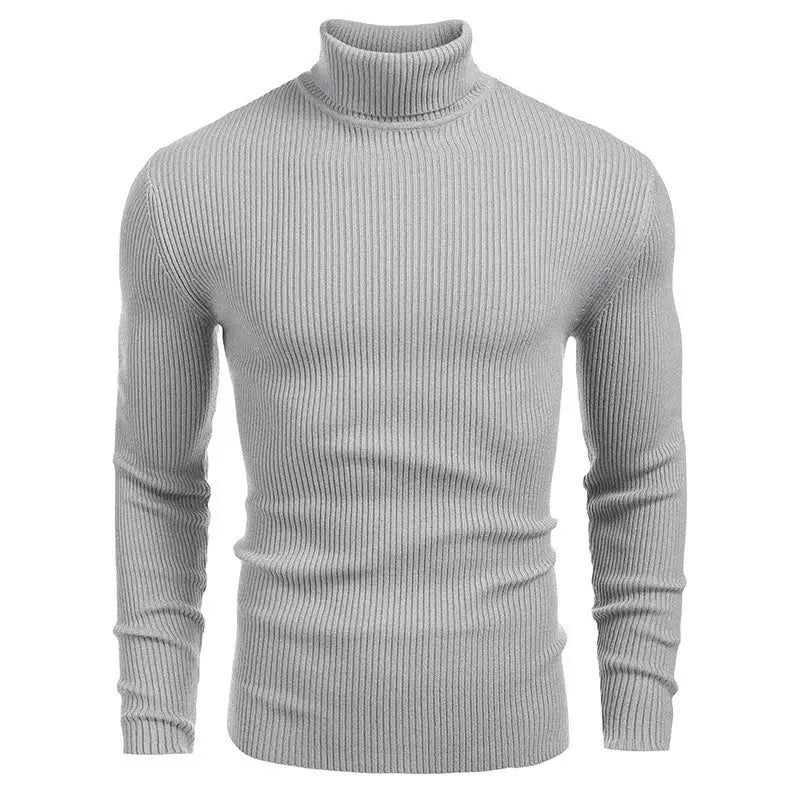 Herren-Turtleneck-Pullover Slim Fit aus hellgrauem, geripptem Strick mit Slim-Fit-Passform und langen Ärmeln.