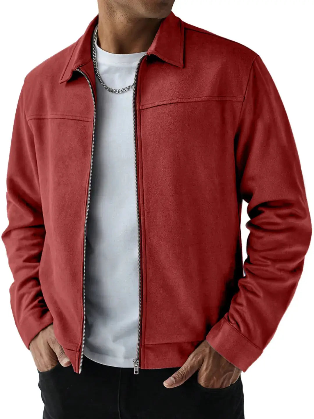 Men suede bomber jacket in red with a classic collar and front zipper made of soft suede material.