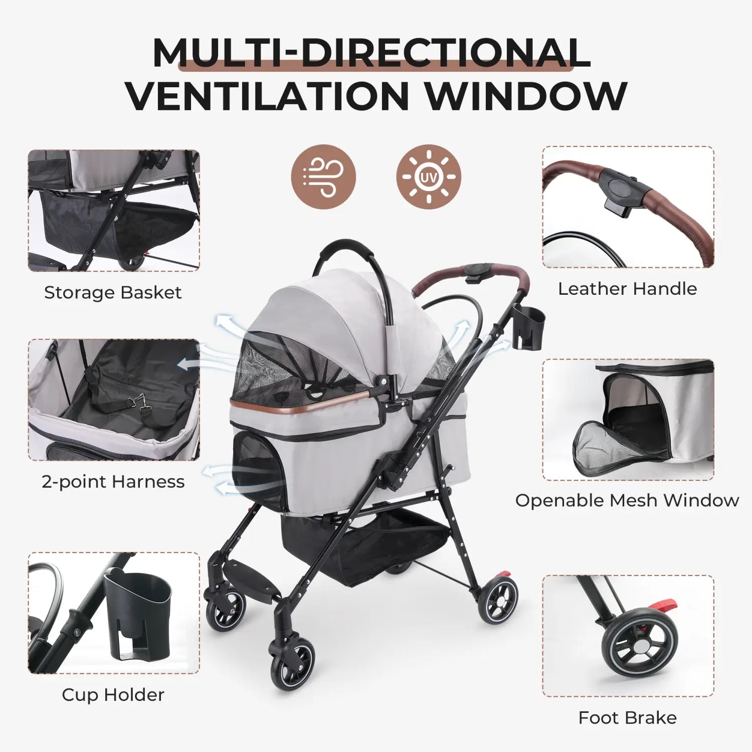 Foldable pet stroller for small dogs and cats in gray and black with a leather handle, multi-directional ventilation window, and openable mesh side panels.
