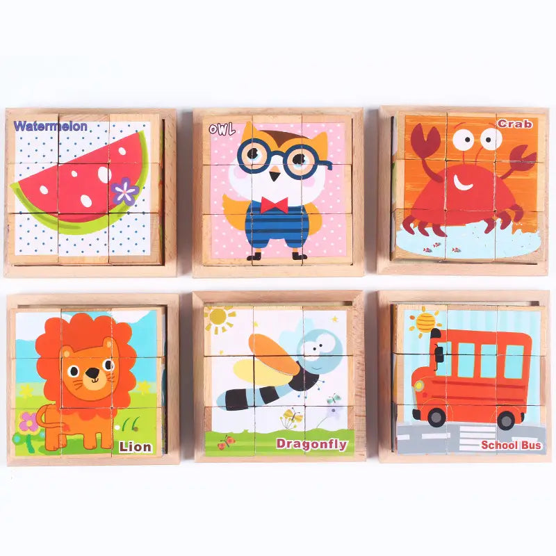 ensemble de six blocs de puzzle en bois colorés présentant des animaux et des objets de dessin animé, notamment une tranche de pastèque, un hibou avec des lunettes, un crabe, un lion, un libellule et un bus scolaire, dans un jeu éducatif précoce en cube à puzzle 6 en 1.