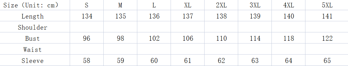 The size chart for the denim button front long sleeve maxi dress displays garment measurements in centimeters for sizes S through 5XL.