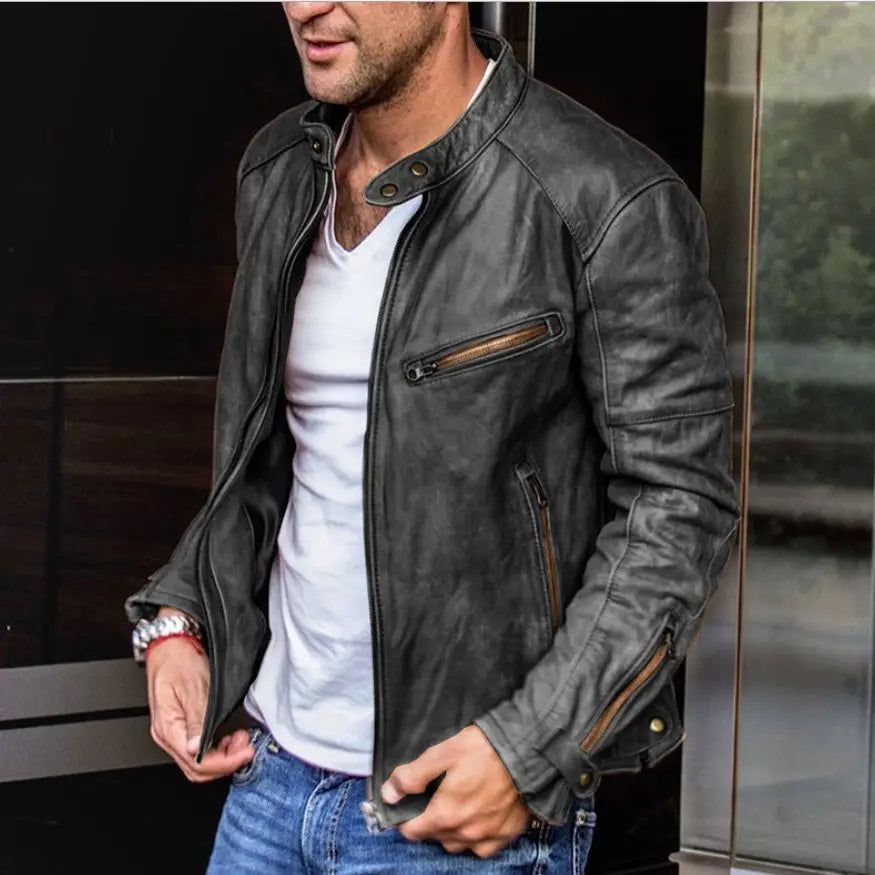 Men pu leather punk motorcycle jacket featuring dark gray distressed leather with brass zippers and snap buttons and a stand collar.