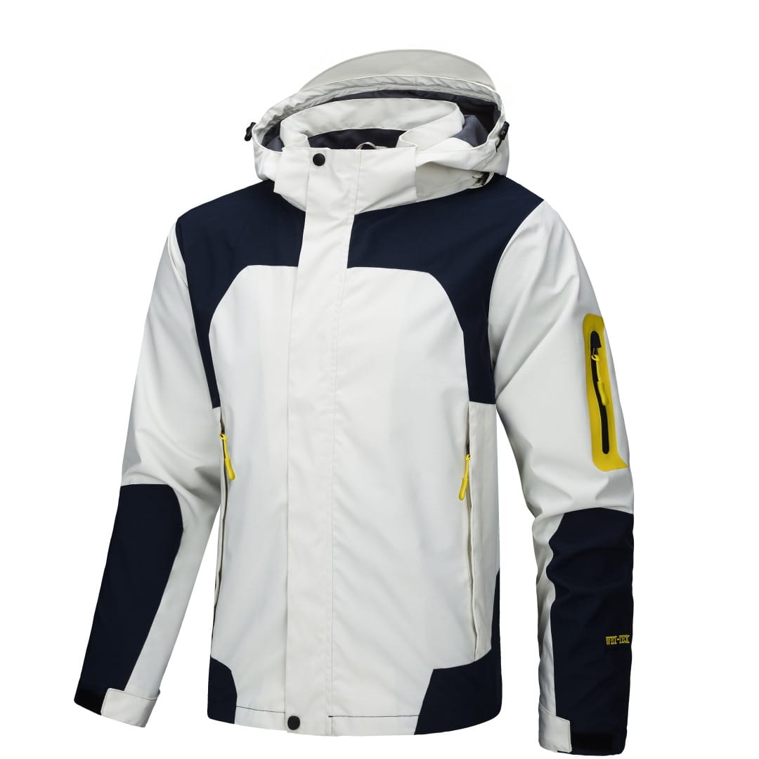 Veste de plein air imperméable à capuche pour hommes et femmes, avec un matériau imperméable blanc et bleu marine, et des accents de fermeture éclair jaunes.