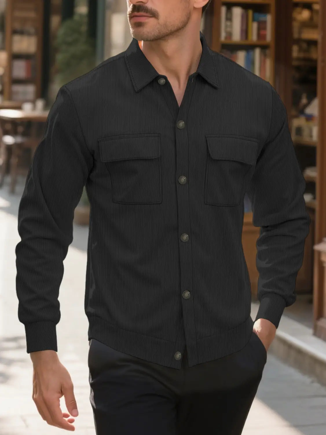 Schwarzes Cordhemd mit Pinstripe und Langarm, Knopfverschluss, mit zwei Brusttaschen, gestaltet als Herren-Cordhemd-Pinstripe-Brusttaschenmantel.