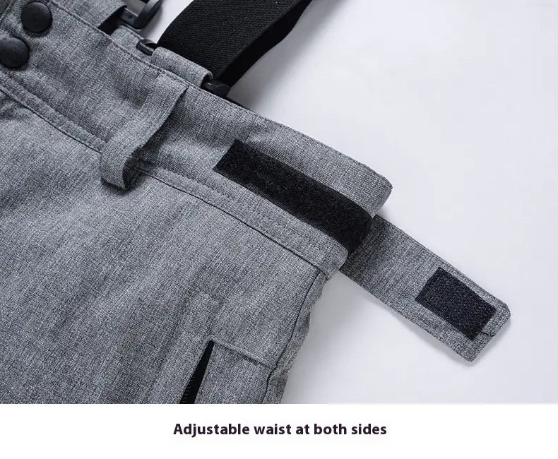 men waterproof thermal snow pants in gray heathered fabric with black adjustable waist straps and button closures