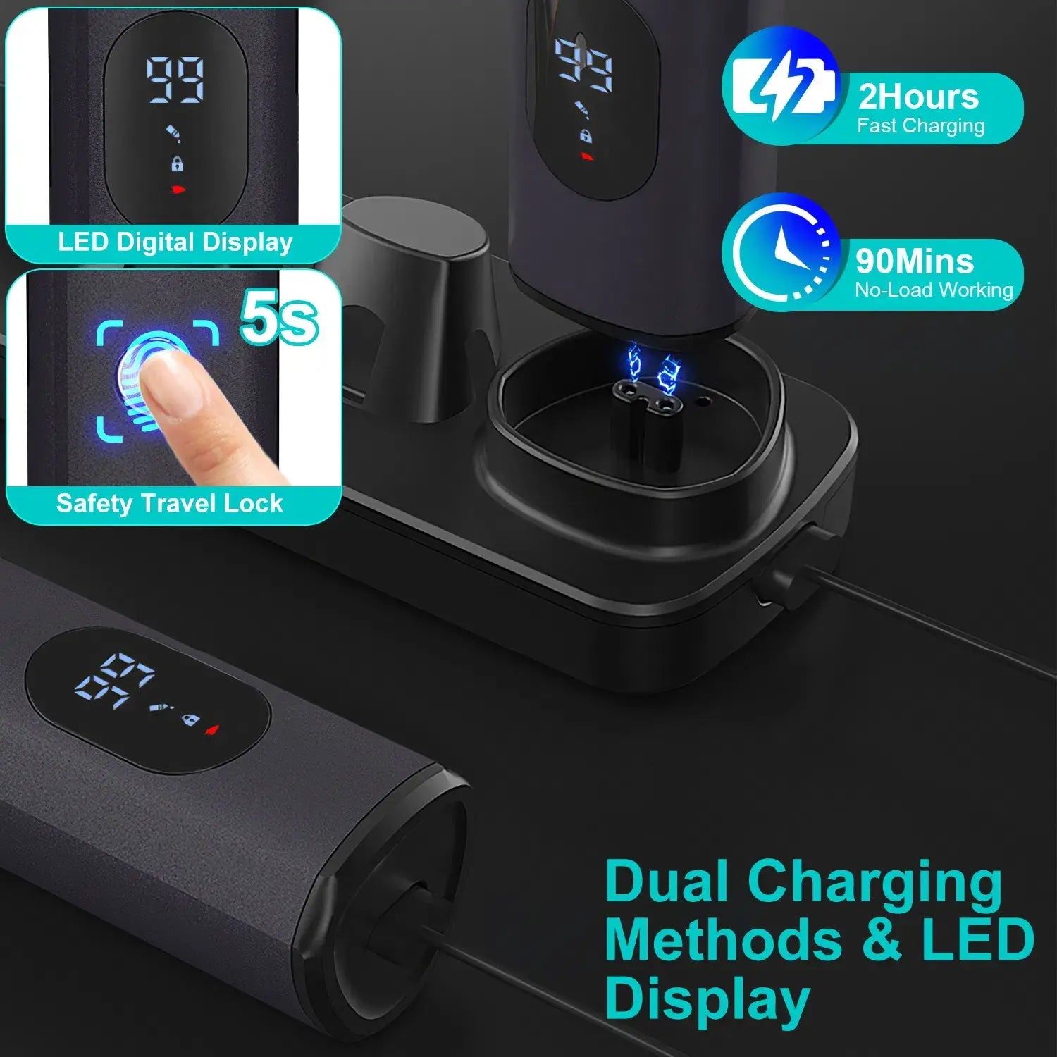 Schwarzer zylindrischer kabelloser Ohrhörer-Ladehalter mit LED-Digitalanzeige und Sicherheits-Reiselocksicherung, dargestellt in Verbindung mit dem Barttrimmer für Männer, 5-in-1, IPX5-Wasserschutz-Set