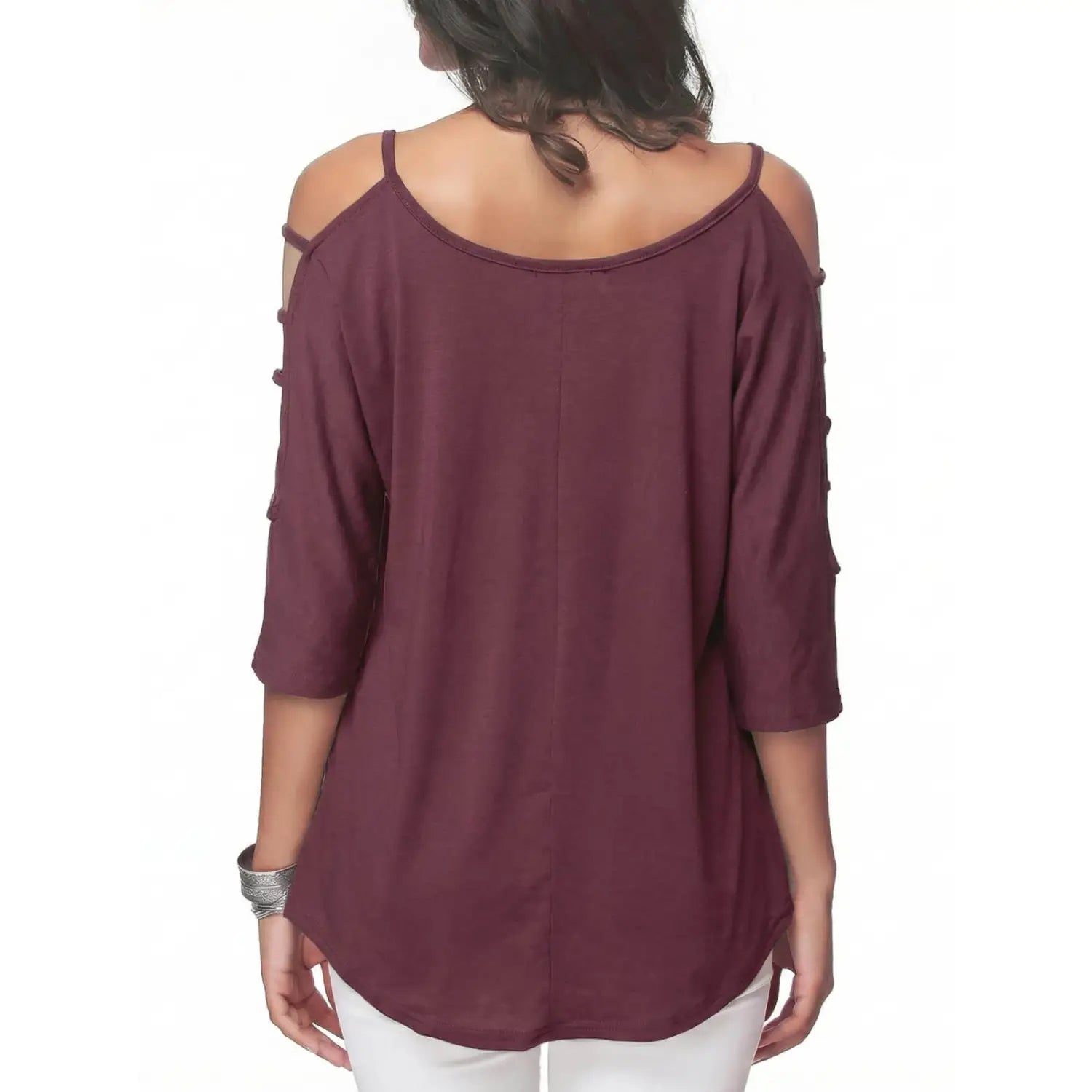 A maroon off-shoulder cut-out top with cold-shoulder design three-quarter sleeves and decorative button details along the armholes.