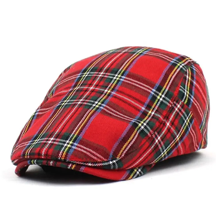 Red plaid painter hat navy blue flat cap featuring intersecting green, yellow, white, and blue stripes.