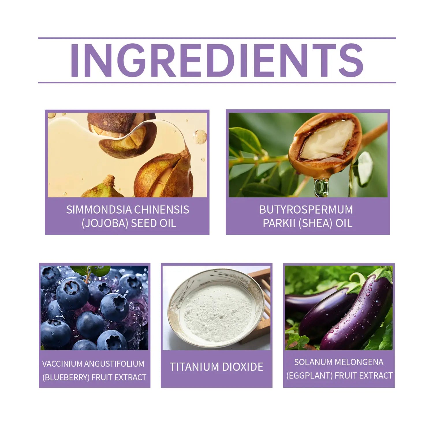 La face arrière d’une bb crème flawless cover serum hydratante 50 g affichant une liste de cinq ingrédients naturels de soins de la peau, notamment de l’huile de graines de jojoba et du beurre de karité.