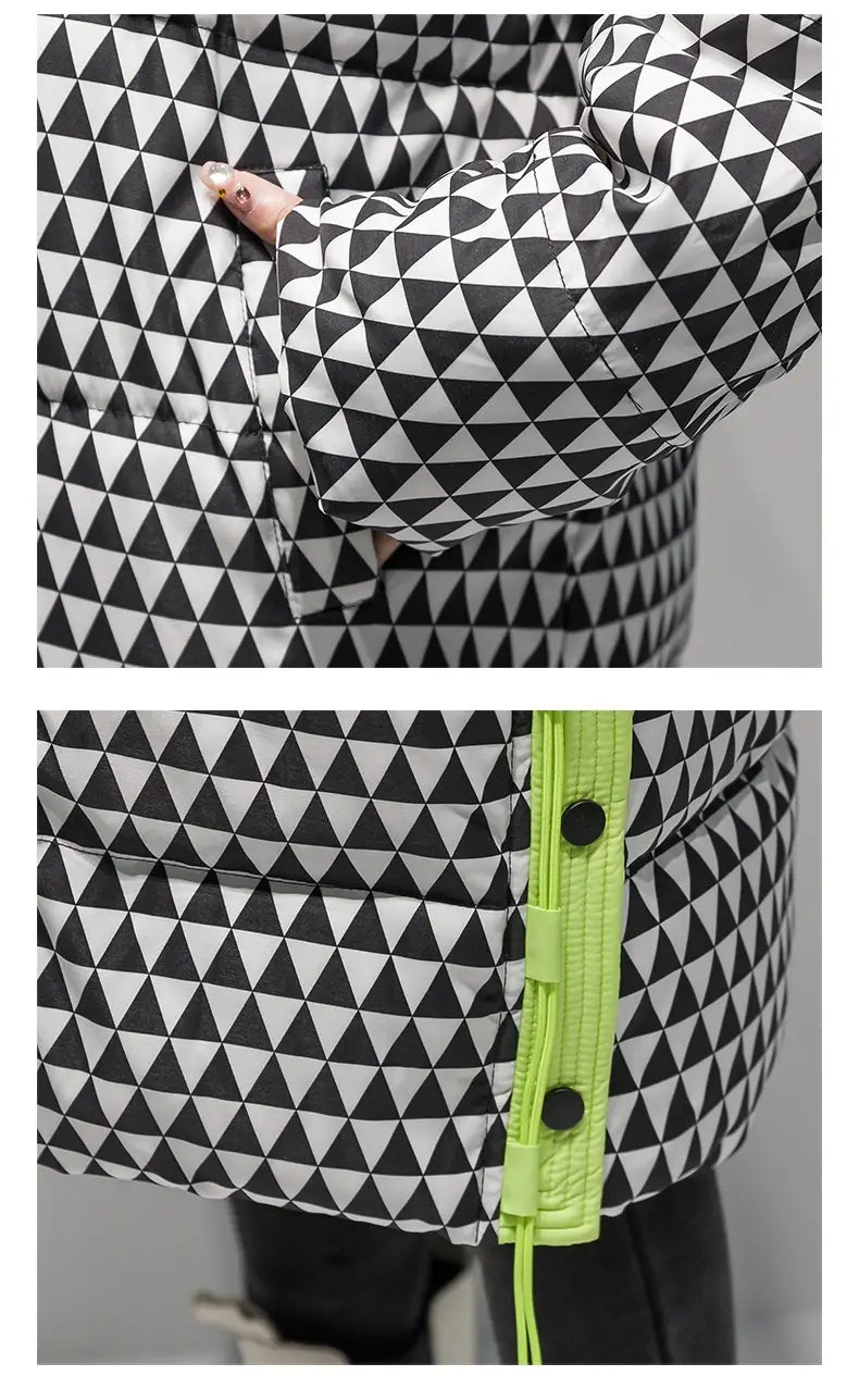 Manteau matelassé pour femmes à motifs triangulaires géométriques noir et blanc, avec tirette de fermeture zippée vert néon et matériau en coton à effet pied-de-poule