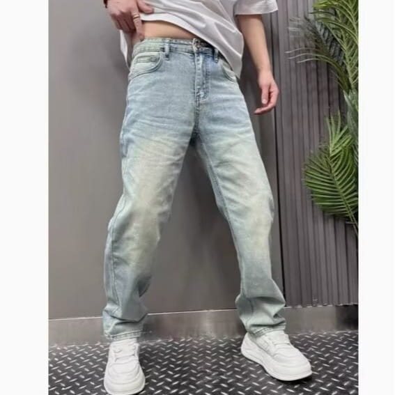 men’s light wash denim jeans with a relaxed straight leg cut and subtle fading made from durable denim material