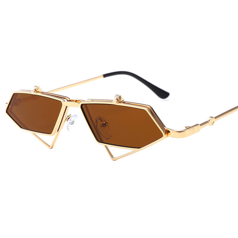 Vintage geometric gold metal frame sunglasses featuring gold-toned geometric frames with brown lenses and black temple tips.