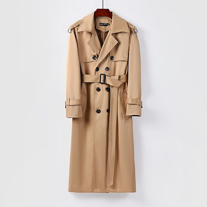 Beige trench coat with black buttons and a matching belt hanging on a wooden hanger for plus size men thickened black over-knee outerwear.