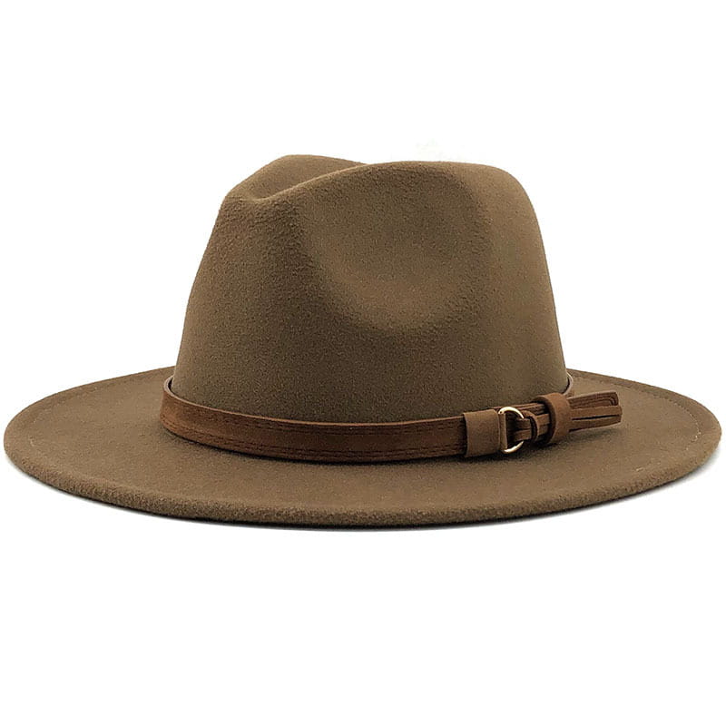 Brown wool fedora hat featuring a matching leather strap and buckle.
