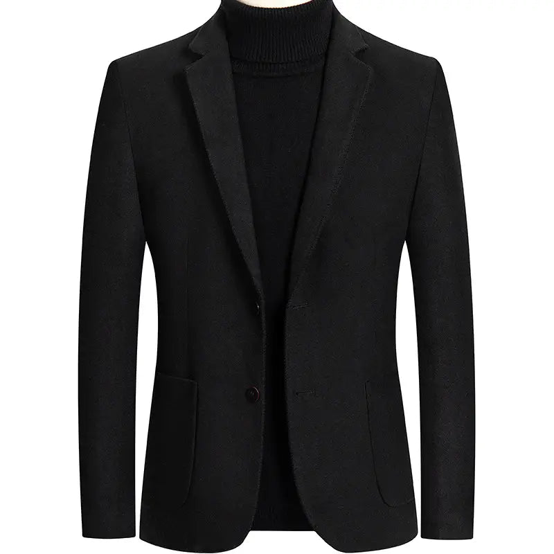 Black wool men’s single-breasted slim fit blazer with notched lapels and two front pockets designed for winter jacket use.