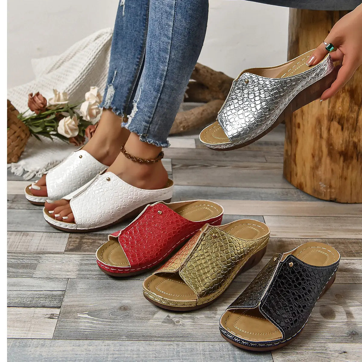 white crocodile-embossed platform wedge sandals for women with brown sole and gold-tone metal accents