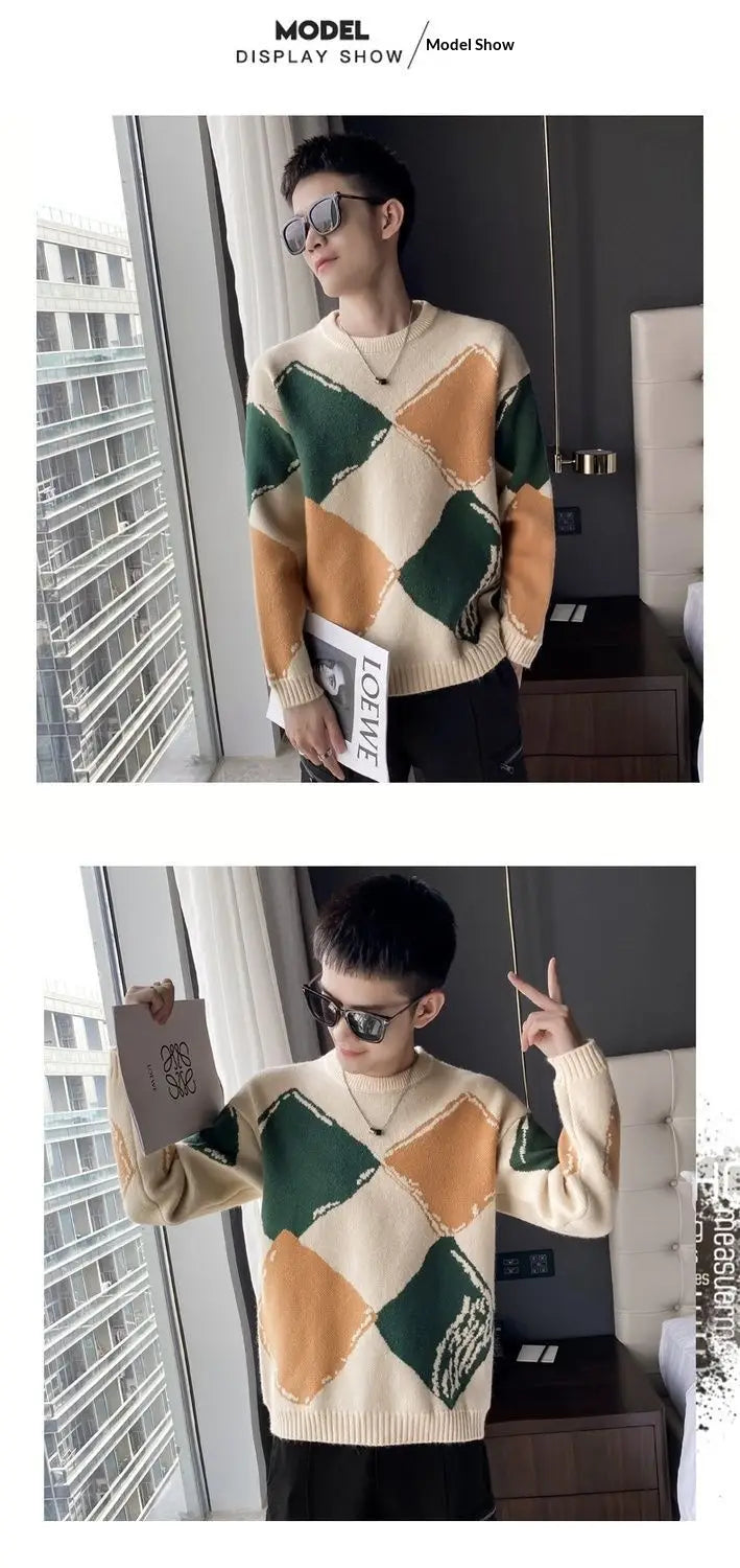 A men’s long-sleeved geometric pattern knit sweater in cream green and orange tones featuring ribbed cuffs and hem.
