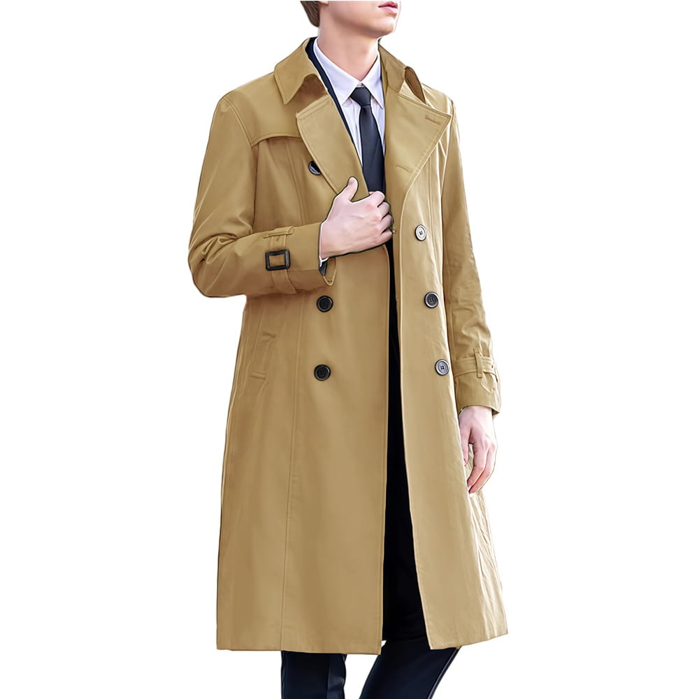 Men solid color long trench coat in tan featuring black buttons and a classic double-breasted design.