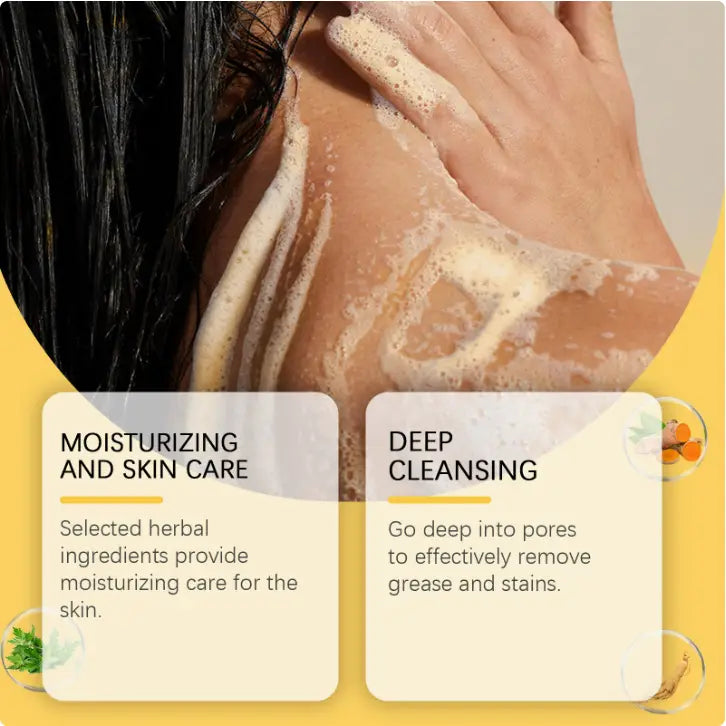 Foam-covered shoulder and neck area with dark hair demonstrating the use of turmeric and mugwort herbal soap bar set 2pc for cleansing.