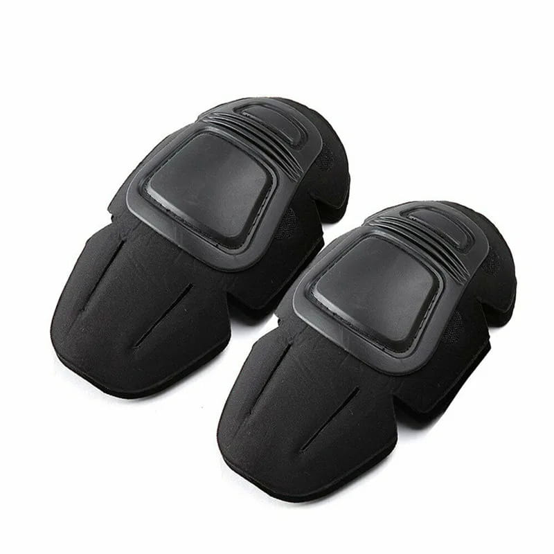 black knee pads with hard plastic shell and padded fabric covering paired with tactical camouflage cargo pants for men