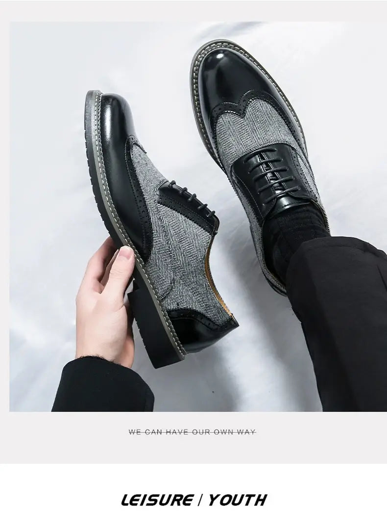 Men’s Korean style woven leather brogue high top shoes with brown and gray herringbone wingtip polished accents